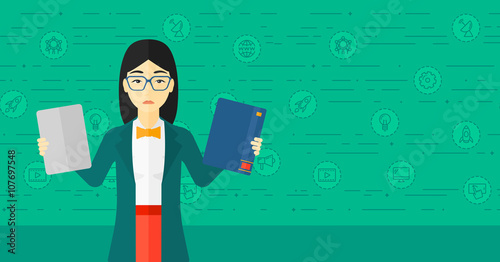 Woman choosing between book and tablet computer.