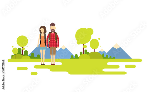 Traveler Man Woman  Couple Outdoor Hiking Over Mountain Background Banner Copy Space