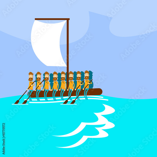 Migrant Crisis People Group Emigrant Hand Made Boat Sail In Sea Emigration Concept
