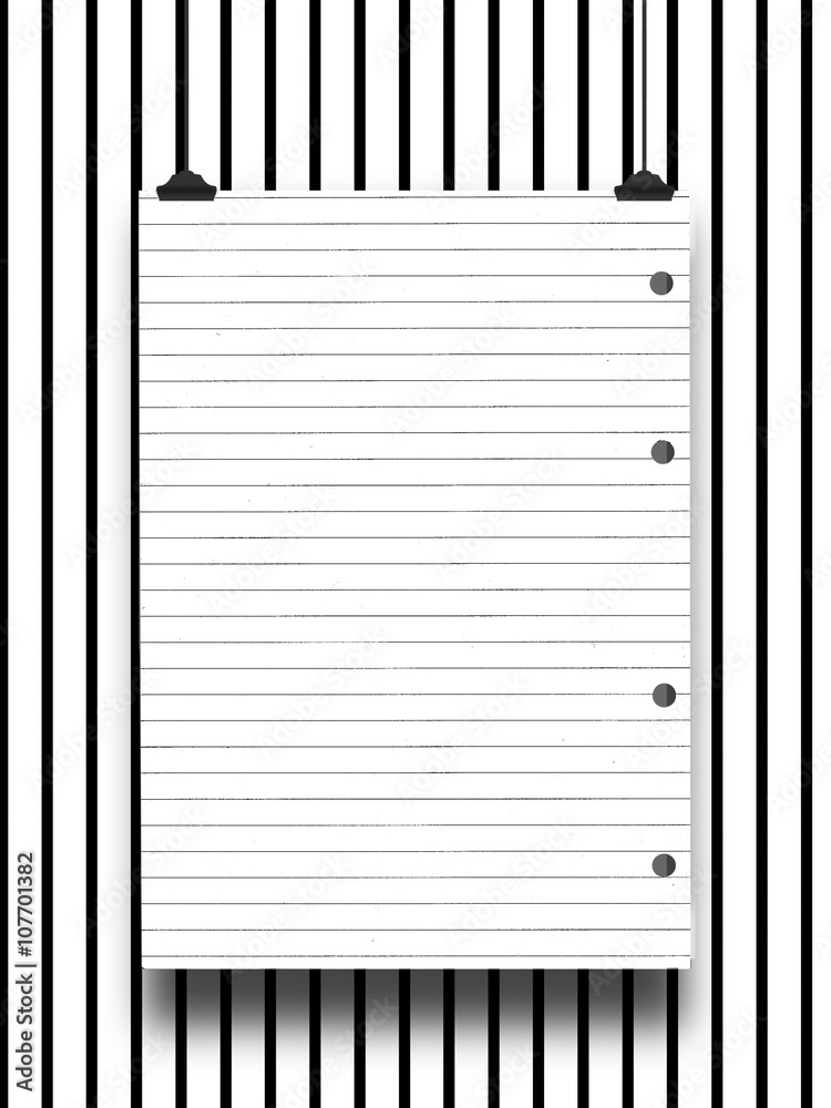 Close-up of one blank striped paper sheet frame hanged by clips against black and white striped background Close-up of one blank striped paper sheet frame hanged by clips against black and white striped background