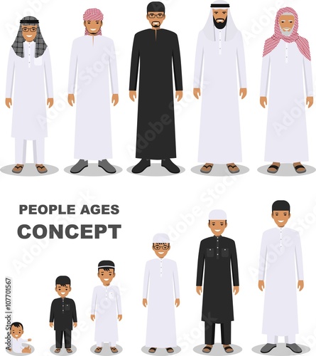 Arab people generations at different ages isolated on white background in flat style. Arab man aging: baby, child, teenager, young, adult, old people. Vector illustration.