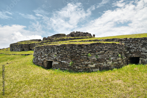 Ceremonial village Orongo on hillsides of the volcano Rano Kao on  Easter island 