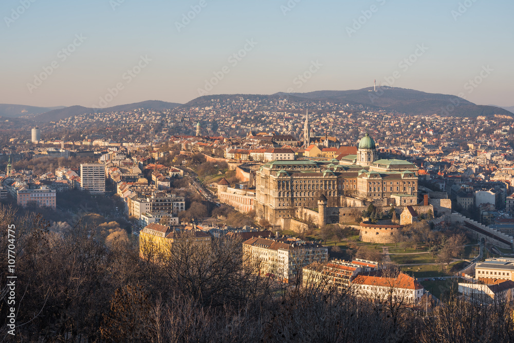 Buda Castle or Royal Palace in Budapest, Hungary Lit by Setting Sun