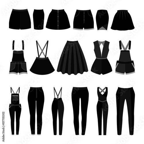 Set of trendy women's skirts, shorts, overalls and panties. Vector illustration
