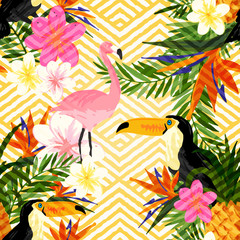 Tropical Geometric Summer. Tropical summer seamless vector pattern background.