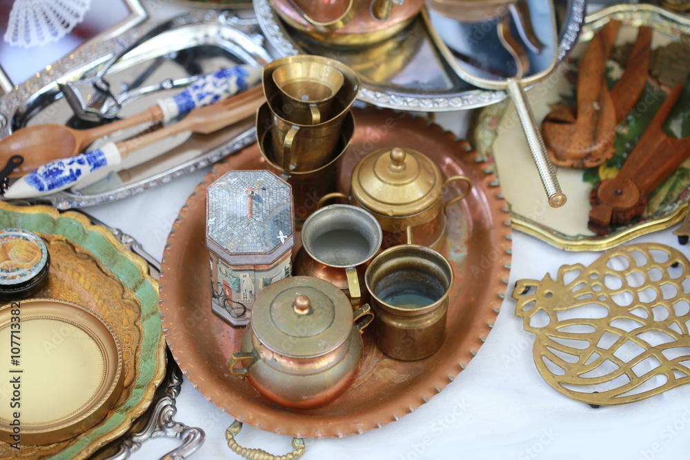 classic copper kitchenware set on table