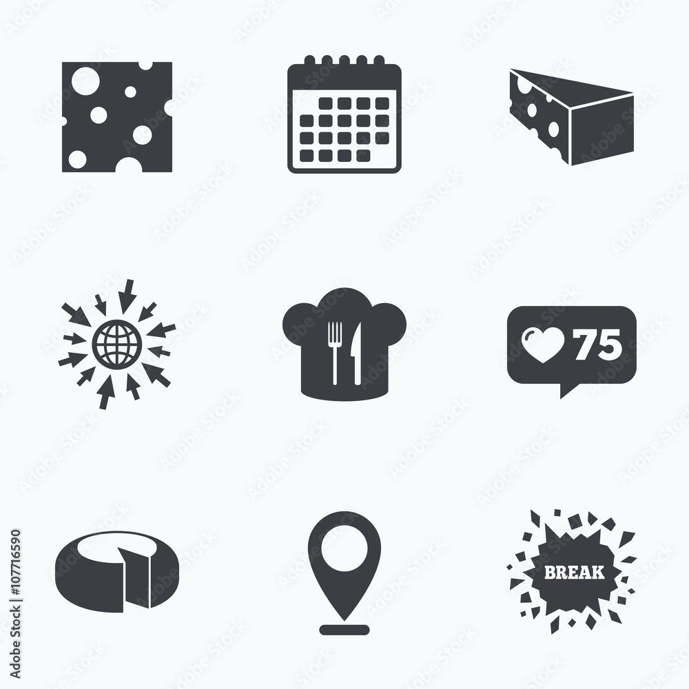 Cheese sign. Sliced food with chief hat icons. Cheese sign. Sliced food with chief hat icons.