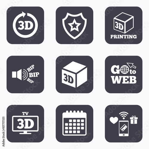 3d technology icons. Printer, rotation arrow.