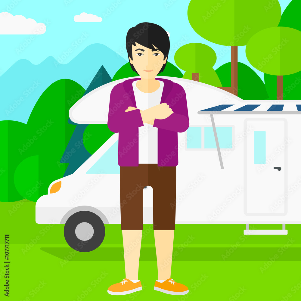 Man standing in front of motor home. Man standing in front of motor home.