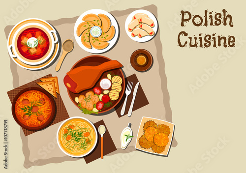 Polish cuisine with pork leg and grilled vegetables, meat and cabbage stew bigos, noodle chicken soup, vegetarian dumplings , beet soup, potato pancakes, cookies with jam and bottle of beer