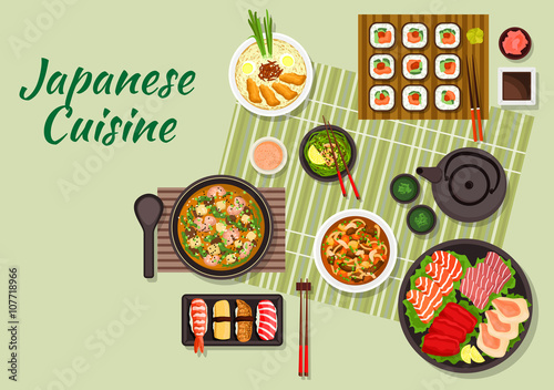Japanese cuisine with maki and nigiri sushi, sashimi with salmon teriyaki, tuna, cuttlefish and scallops, miso soup with pork, green tea and soup with tofu and shrimps, beef with mushrooms