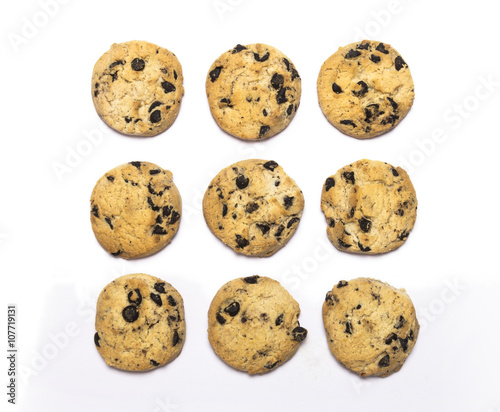 chocolate chip cookies on a white background from above