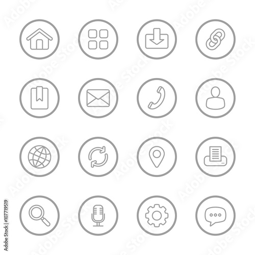 gray line web icon set with circle frame for web design, user interface (UI), infographic and mobile application (apps)