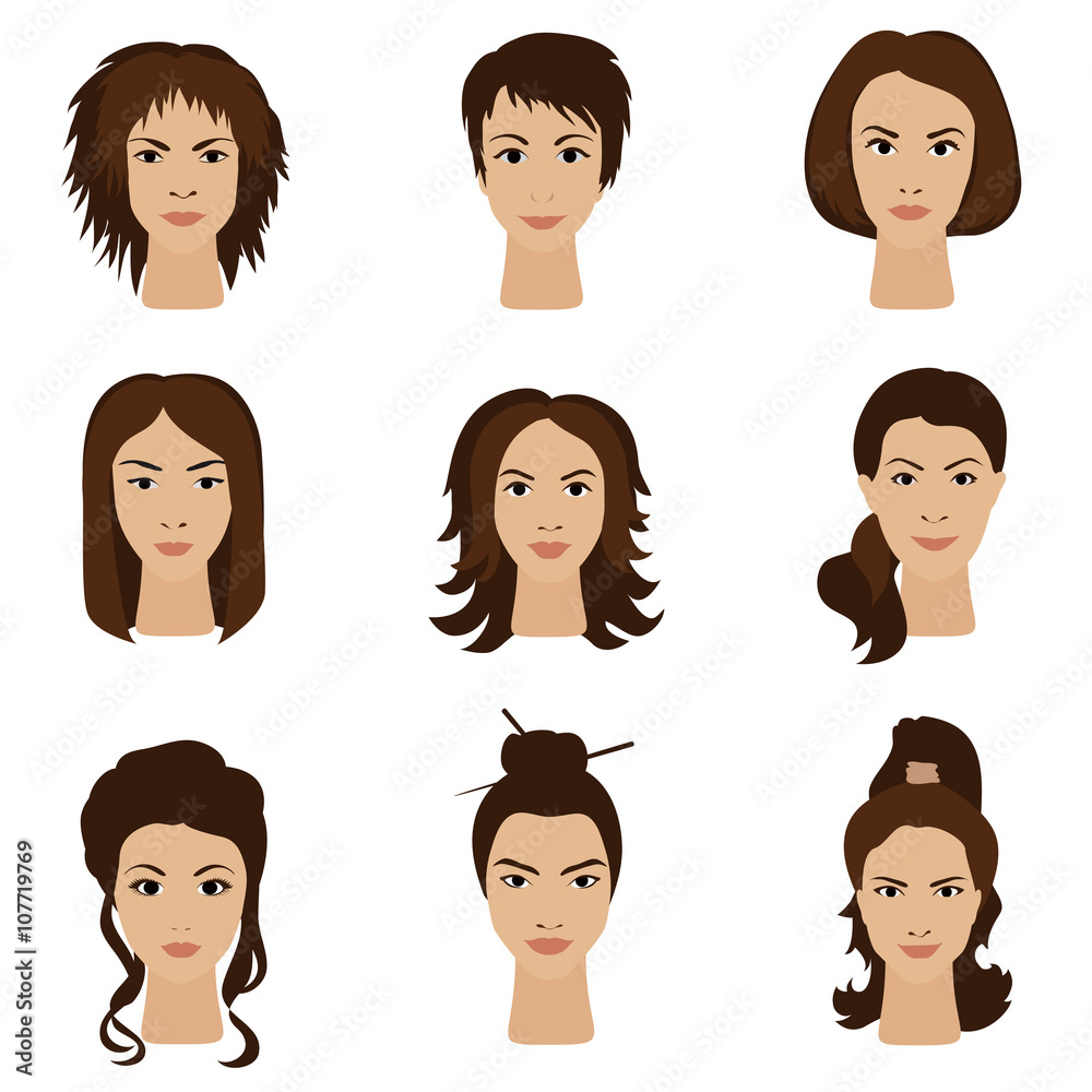 Young woman girls with various different hair style set. Young woman girls with various different hair style set.