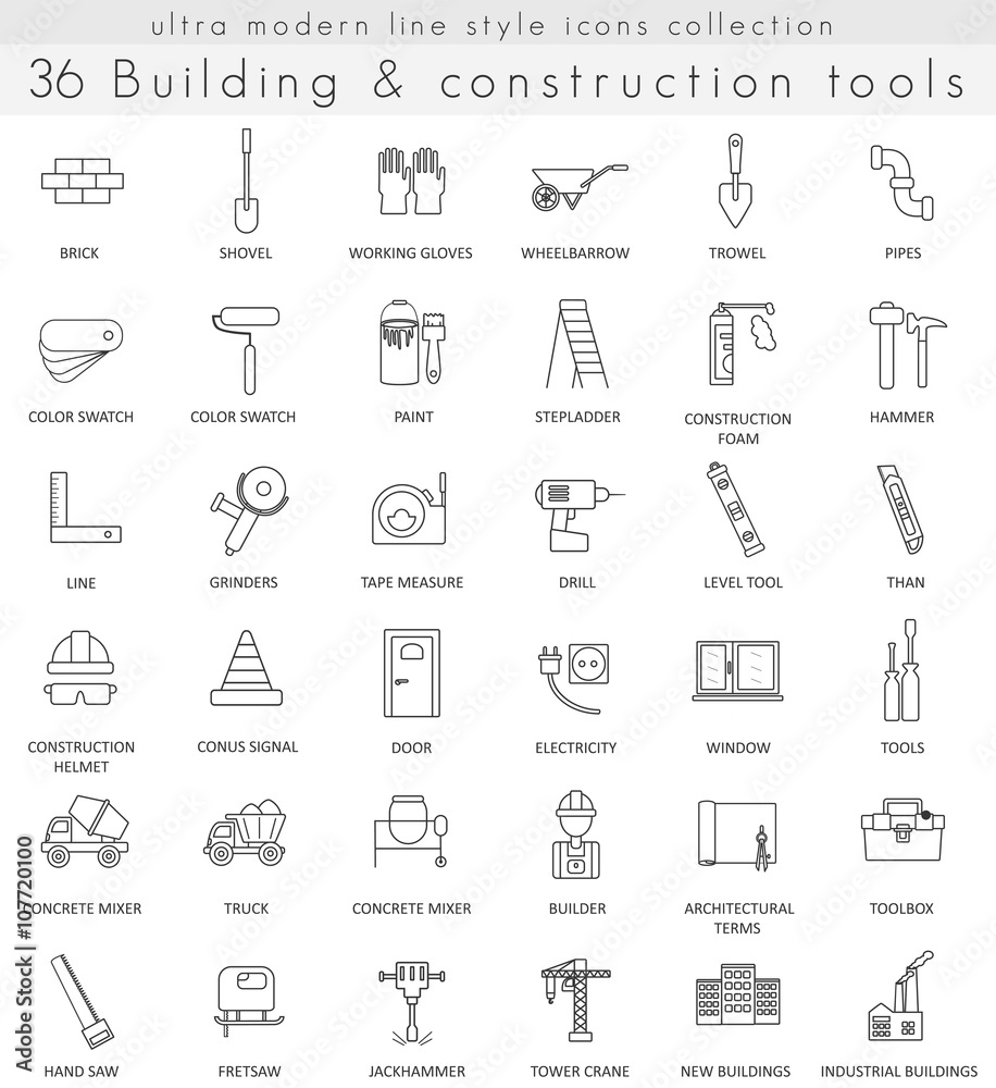 Fototapeta premium Vector Building Construction ultra modern outline line icons for web and apps.