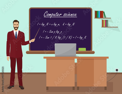 School Computer science male teacher in audience class concept. Vector illustration.