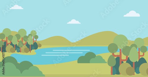 Background of landscape with hills and river.
