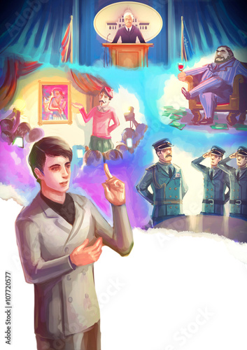 Cartoon illustration of a well-dressed businessman or male politician describing the world situation ruler or leader in various countries and cultures in white isolated background and blank space