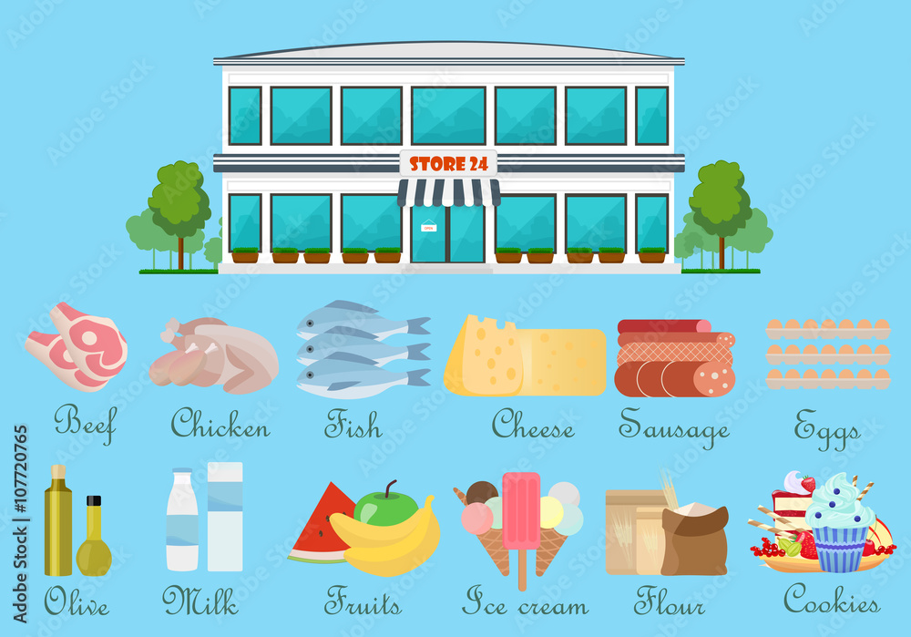 Φωτογραφία Vector illustration of Food, drink icons set or design elements with supermarket building store concept