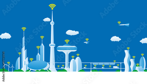 modern cityscape panorama view and wireless network, futuristic buildings and transportation, design template, vector illustration