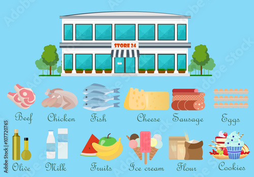 Vector illustration of Food, drink icons set or design elements with supermarket building store concept.