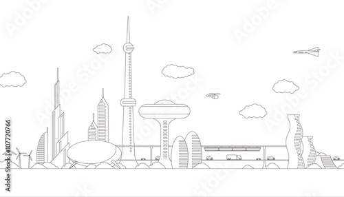 modern cityscape panorama view, futuristic buildings and transportation, design template, line drawing illustration