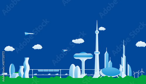 modern cityscape panorama view, futuristic buildings and transportation, design template, vector illustration