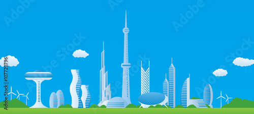 modern cityscape panorama view, futuristic buildings, vector illustration