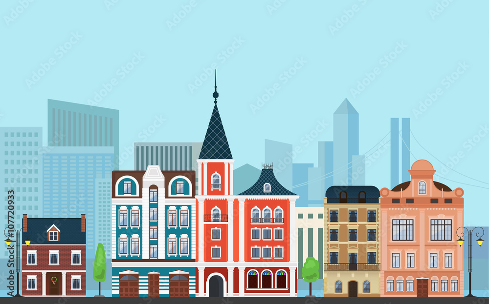 Vector Urban landscape illustration. Old buildings with modern  skyscrapers in the background.