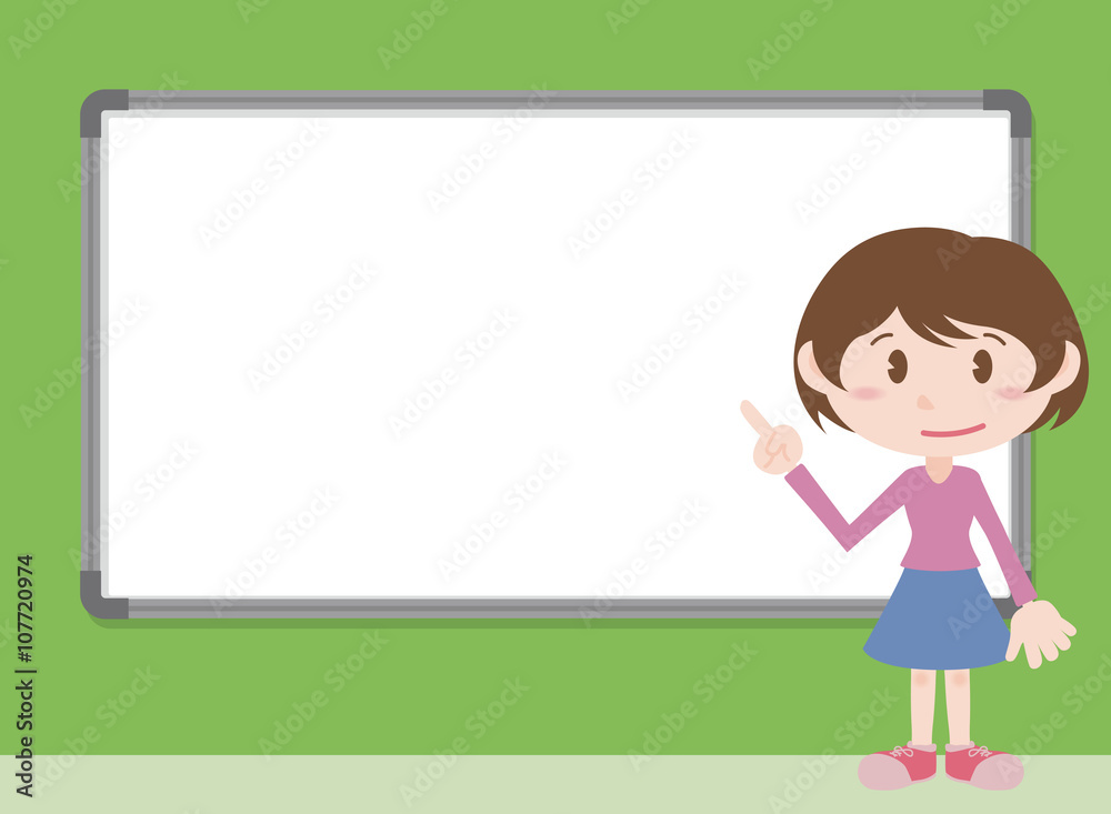 young woman character pointing whiteboard, vector illustration young woman character pointing whiteboard, vector illustration