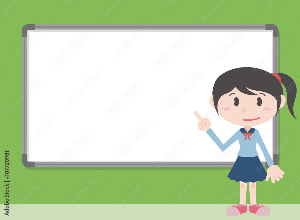 young school girl character pointing whiteboard, vector illustration young school girl character pointing whiteboard, vector illustration