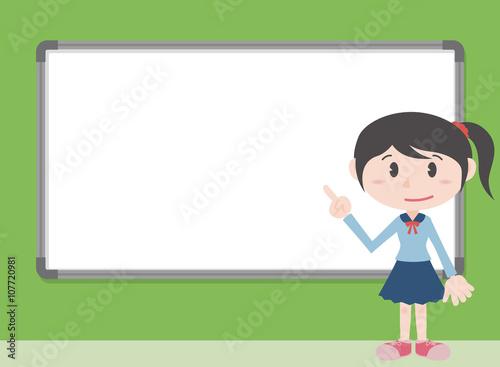 young school girl character pointing whiteboard, vector illustration