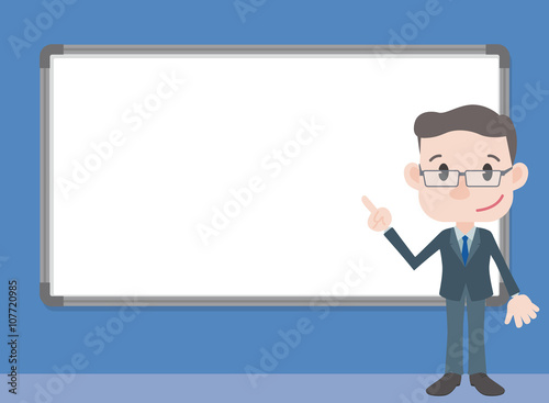 middle aged business person character pointing whiteboard, vector illustration