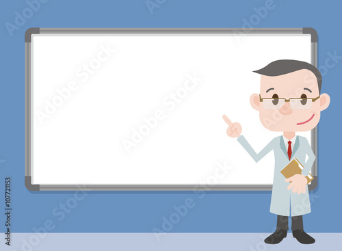 character pointing whiteboard, doctor or professor wearing white coat, vector illustration
