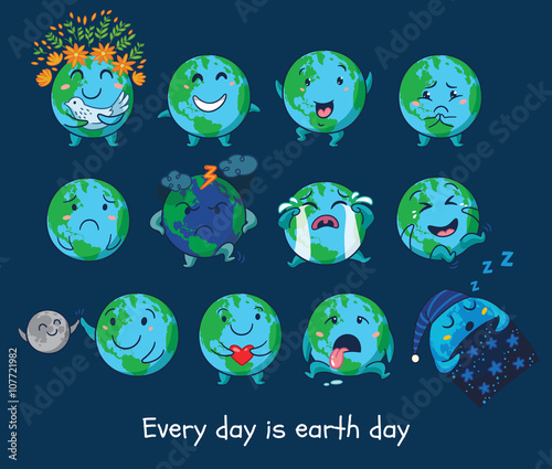 Set of cute cartoon globes with different emotions