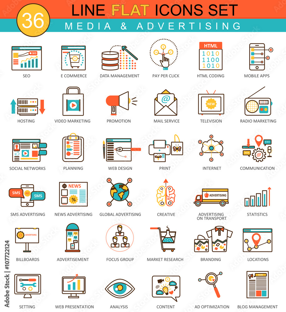 Vector media advertising flat line icon set. Modern elegant style design for web. Vector media advertising flat line icon set. Modern elegant style design for web.