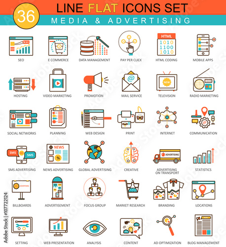 Vector media advertising flat line icon set. Modern elegant style design  for web.