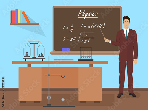 School Physics male teacher in audience class concept. Vector illustration.