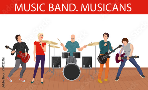 Vector illustration of musicians music band. Young rock group.