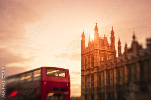 Bus in London against Westminster building