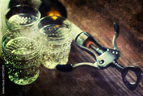 retro shabby picture corkscrew bottle glasses
