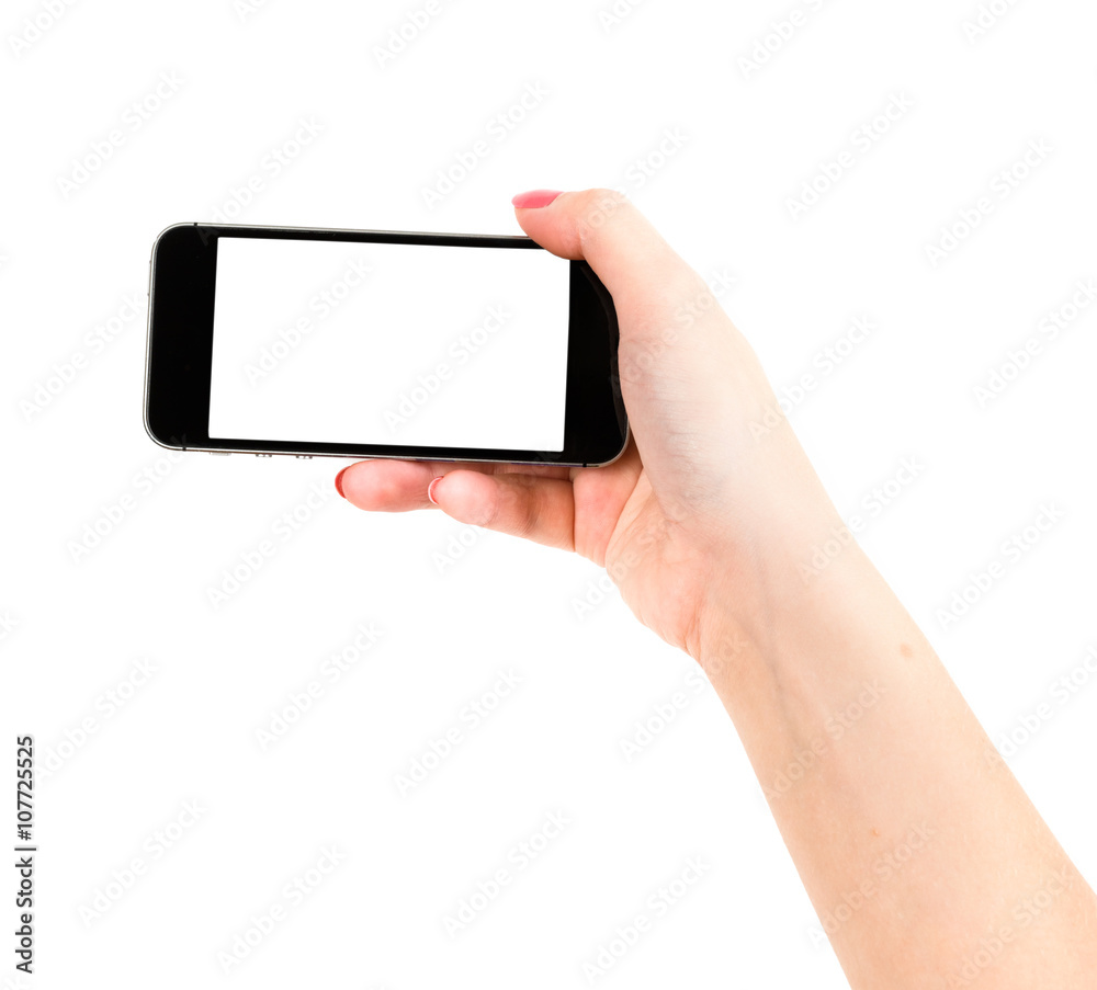 Isolated female hand holding a phone with white screen Isolated female hand holding a phone with white screen
