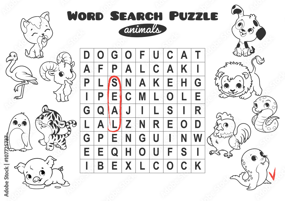 Educational game for kids. Word search puzzle.