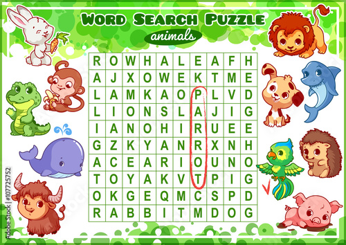 Educational game for kids. Word search puzzle.