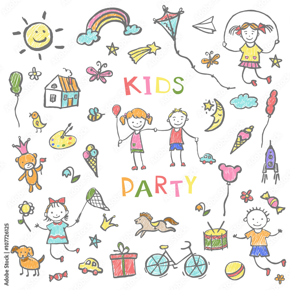 Kids party doodles for the design of childrens parties.