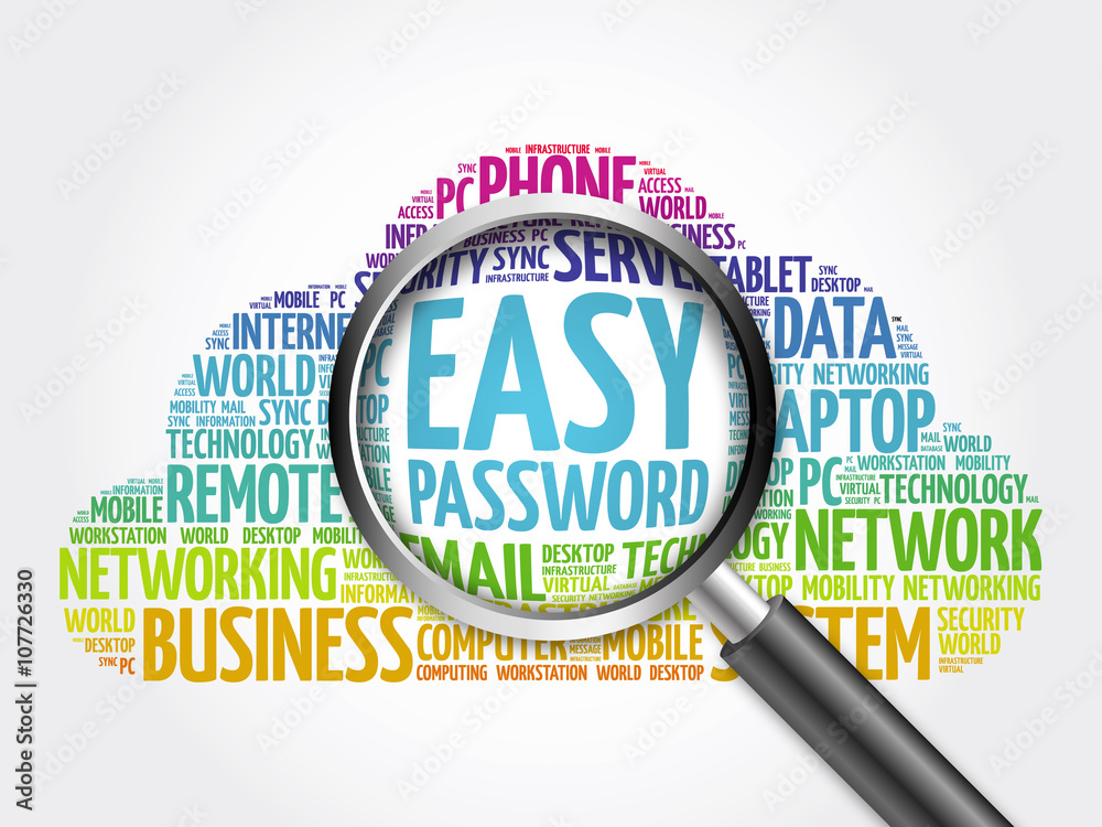 Easy Password word cloud with magnifying glass, business concept Easy Password word cloud with magnifying glass, business concept