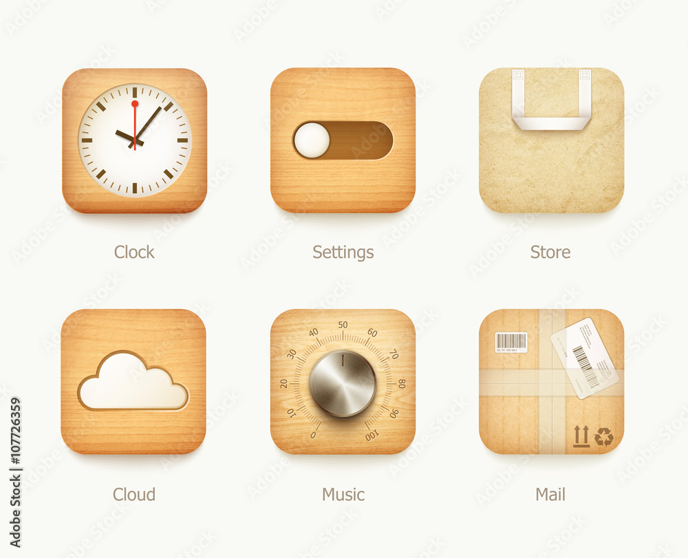 wooden and paper icons app set