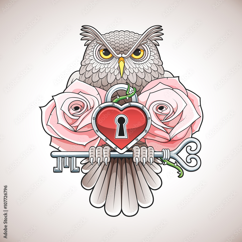 Obraz premium Beautiful colour tattoo design of an owl holding a key with a heart locket and pink roses. Vector illustration.