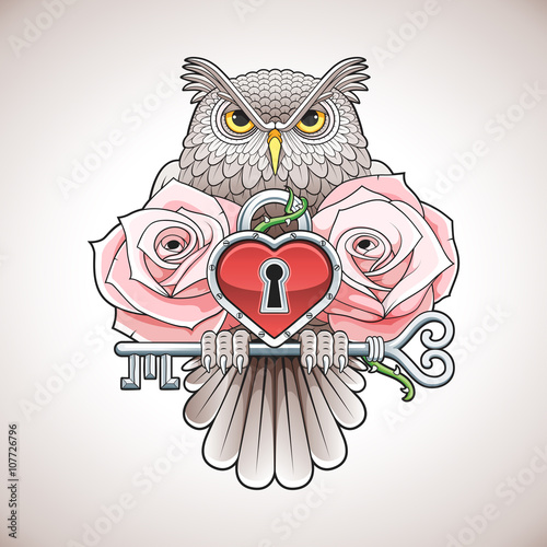 Beautiful colour tattoo design of an owl holding a key with a heart locket and pink roses. Vector illustration.