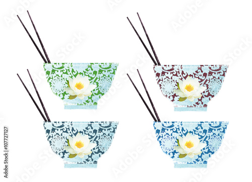 four noodle bowls with chopsticks
